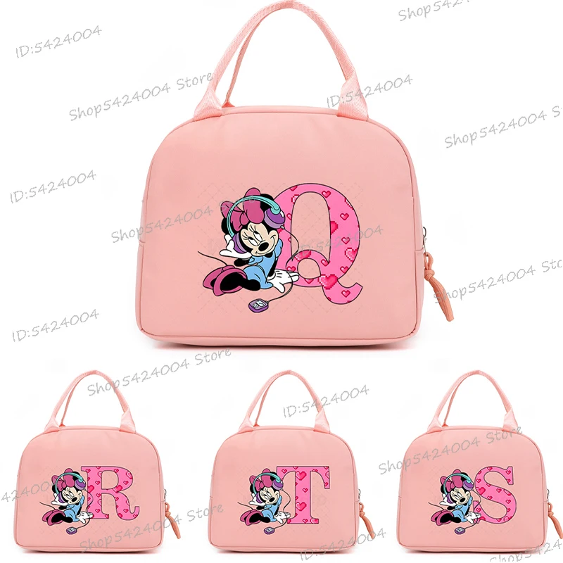 

Mickey Minnie Mouse Print Lunch Bags Women kids Disney alphabet A-Z Picnic Thermal Bag Student Portable Outdoor Lunch Handbag