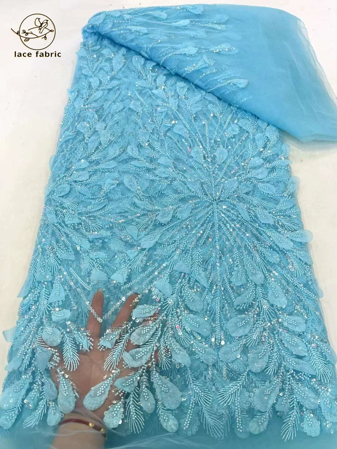 2024 Latest Luxury 3D Mesh Embroidery Lace Fabric Dubai Tulle Fabric with Beads Embroidered Applique African Fabric for Dresses