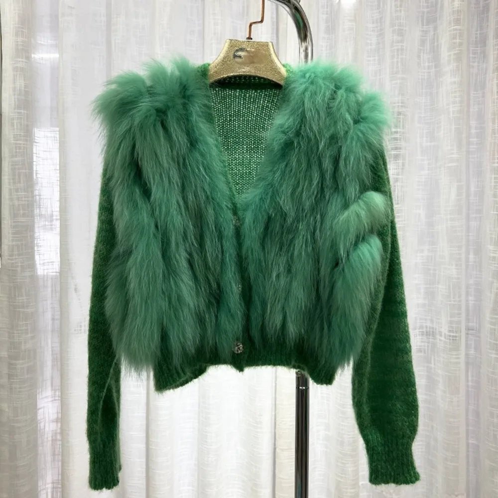 2024 Fashion Women Spring Short Knitted Cardigan Coat with Real Fox Fur Fur Loose Natural Fox Fur Jacket Female Cropped Sweaters