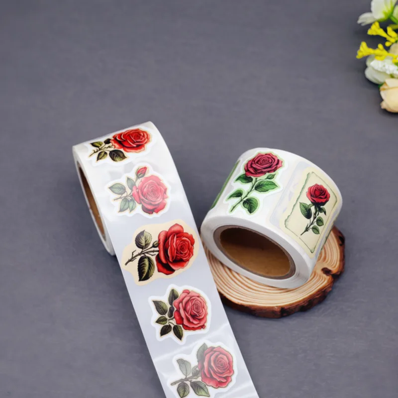 250 Pieces/Rroll Retro Red Rose Flower Pattern Decoration Roll Stickers Laptop Envelope Sealing Stickers
