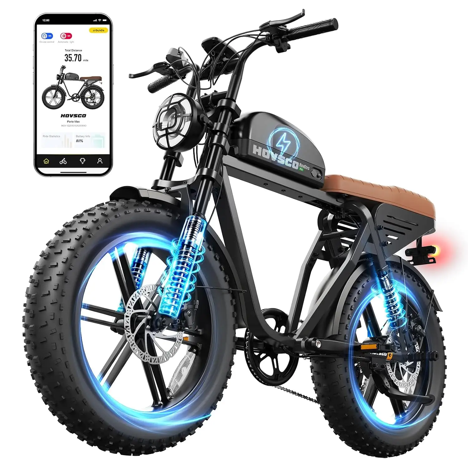 2000W 48V E-Bike, 20x4 Fat Tire, Removable Battery, Hydraulic Brakes, Dual Suspension, 7-Speed, APP, 65-150 Miles, Customized