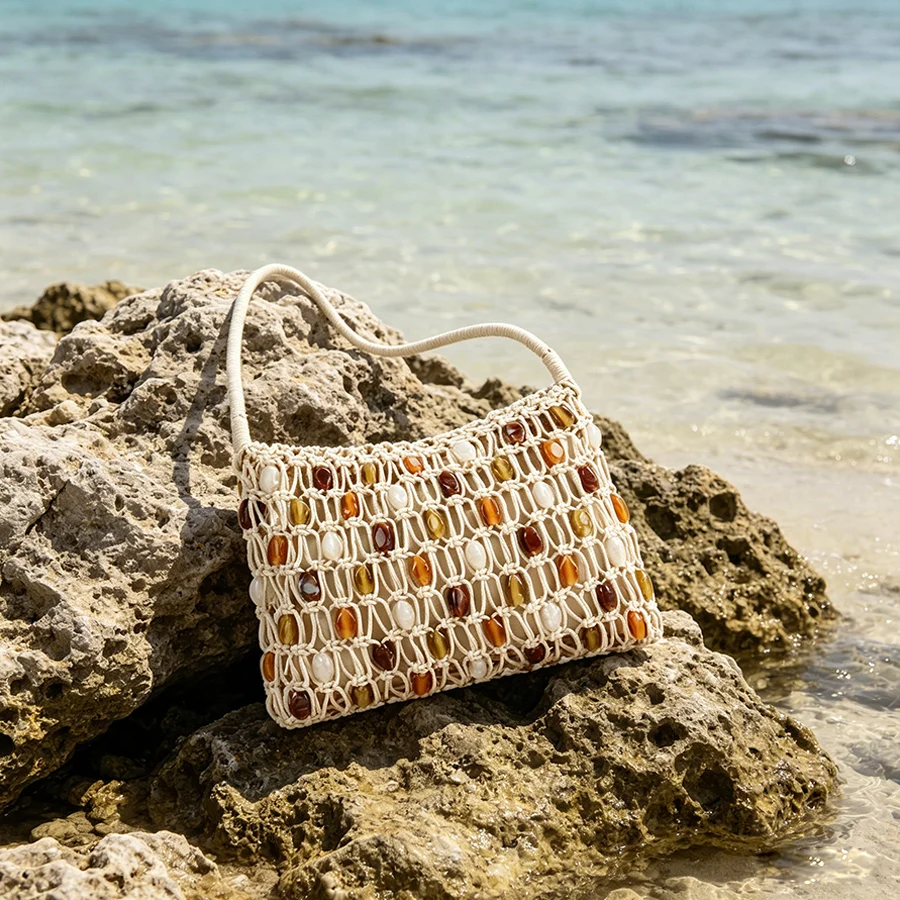 Summer Hollow Beaded Women Shoulder Bag Rope Knitting Handbags Bohemian Crochet Mesh Bags for Women Small Woven Beach Bag Totes