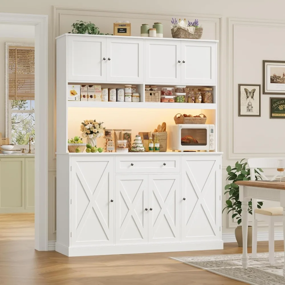 

72.8” Tall Kitchen Cabinet with LED & Charging Station,with Microwave Stand&Shelves, 55” Wide Farmhouse Pantry Storage Cabinet