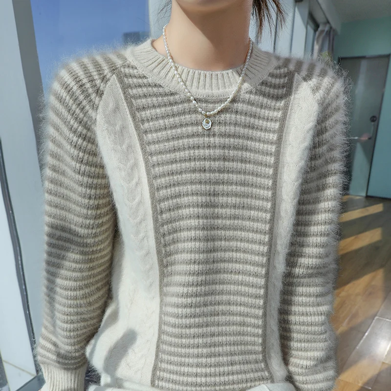 Addensare 100% puro visone cashmere maglione lavorato a maglia autunno donna girocollo jacquard pullover moda top a maniche lunghe di grandi dimensioni