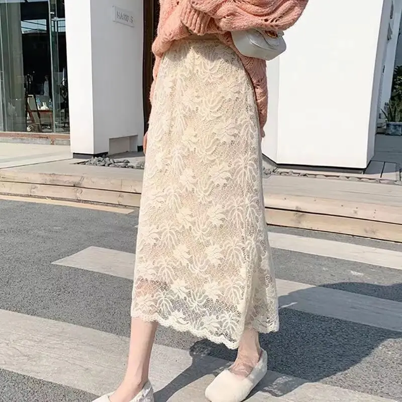 2024 Winter Medium-length Double Sided Knitted Woolen Half Skirt for Women Fashion Lace High Waist Slim Fit A-line Half Skirt