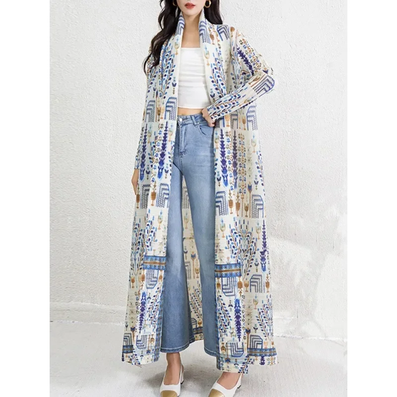 

Pleats Pleated Print Trench Coat Women Lapel Full Sleeve Lace-up Loose Vinatge Style Outwear New 2024 Long Windbreaker