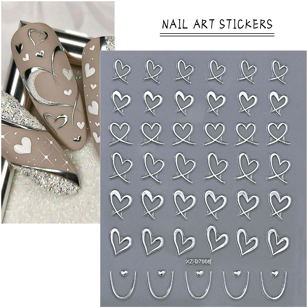 1Pcs 3D Sweet French Love-Heart Nail Art Sticker Silver Hollow Irregular Heart Lines Nails Slider Self-Adhesive Valentine Decals