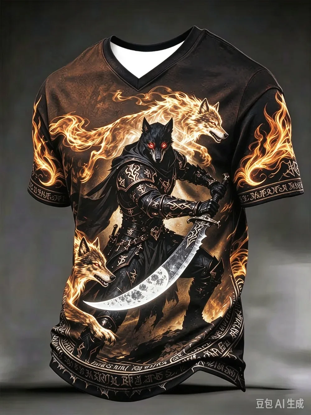 Dark Nordic Mythology Wolf Knight 3DPrint Casual Street Punk Outdoor Fitness Men Plus-sizeV-neck T-shirt Large Size parent-child