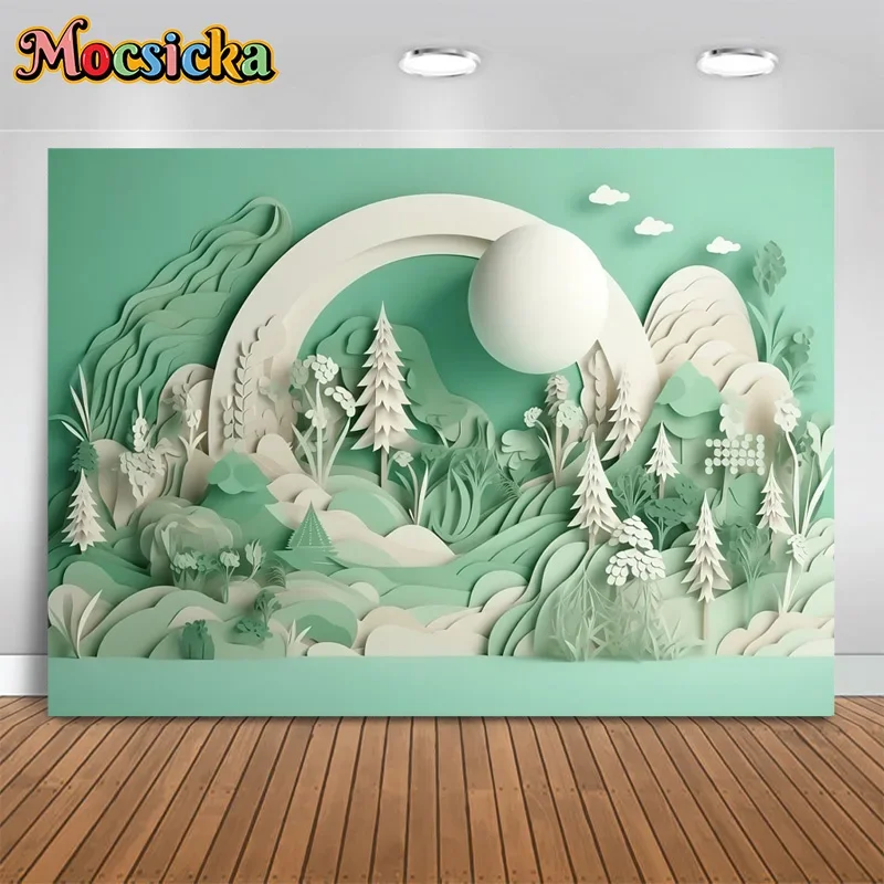 Mocsicka Photography Background 3D Green Forest Paper Cutout Decor Backdrop Kids Birthday Party Cake Smash Portrait Photo Studio