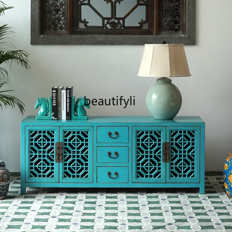 

New Chinese Style Solid Wood Lattice TV Cabinet Classical Living Room Floor Cabinet Storage Organizer