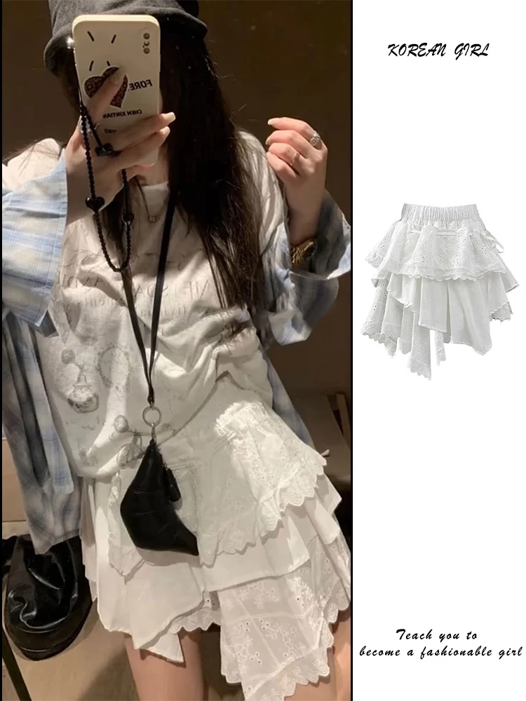 Y2K Spicy Girl Hollow out Asymmetrical Puffy  Skirt Women's Autumn Design Belted Cake Skirt Bouncy Short Skirt