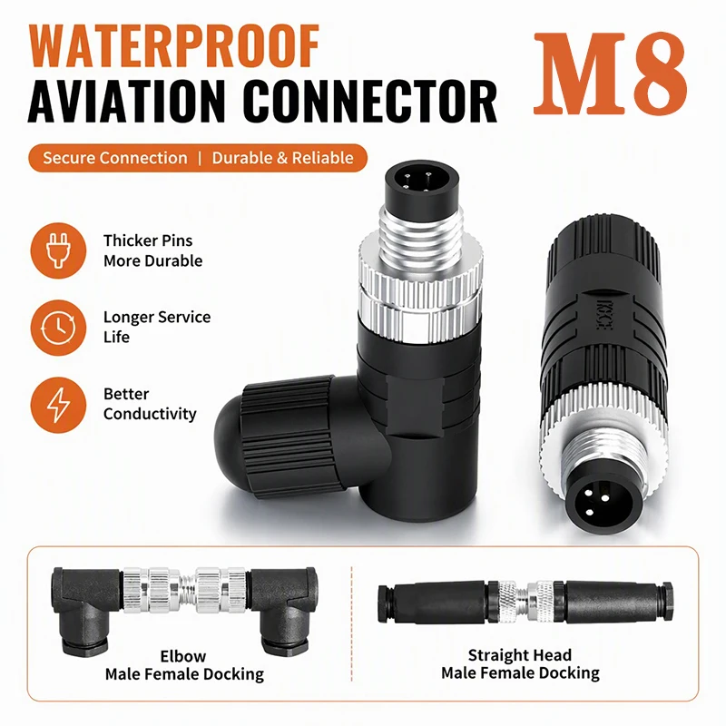 M8 Sensor Connector Waterproof Male&female Plug Straight Angle Screw Threaded Coupling 3pin 4pin 5pin 8pin