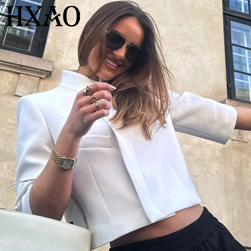 

HXAO Women's Asymmetric Crop White Blazer Summer 2026 Casual Button Short Sleeve Blazer For Women Fashion Outerwears Suit Jacket