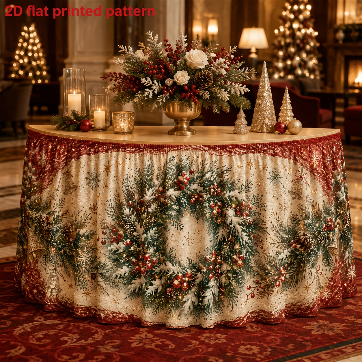 1 vintage Christmas wreath print table dress