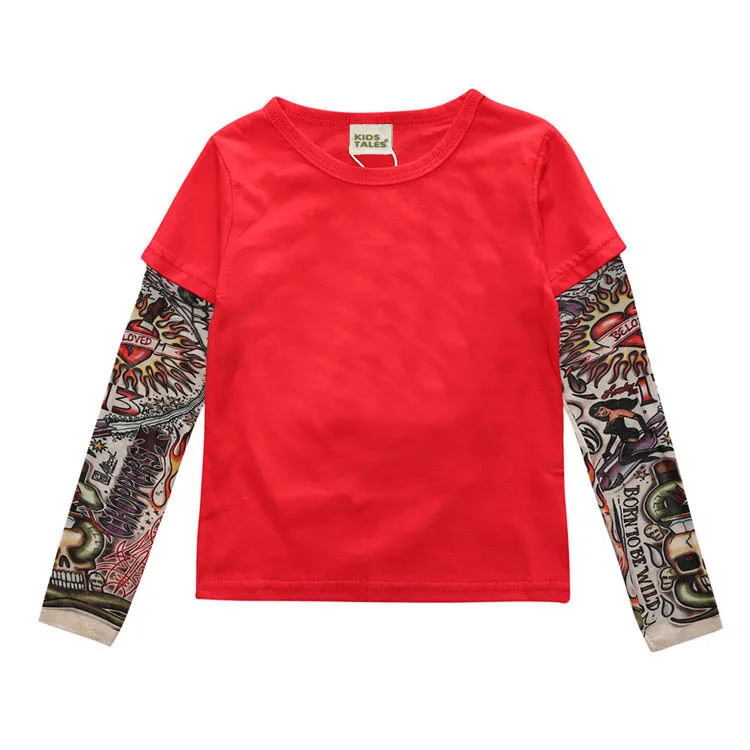 Boys Girls T-shirts Long Sleeved with Patchwork Hip-hop Floral Tattoo Prints INS Spring Autumn Streetwear Tees Baby Fashion Tops