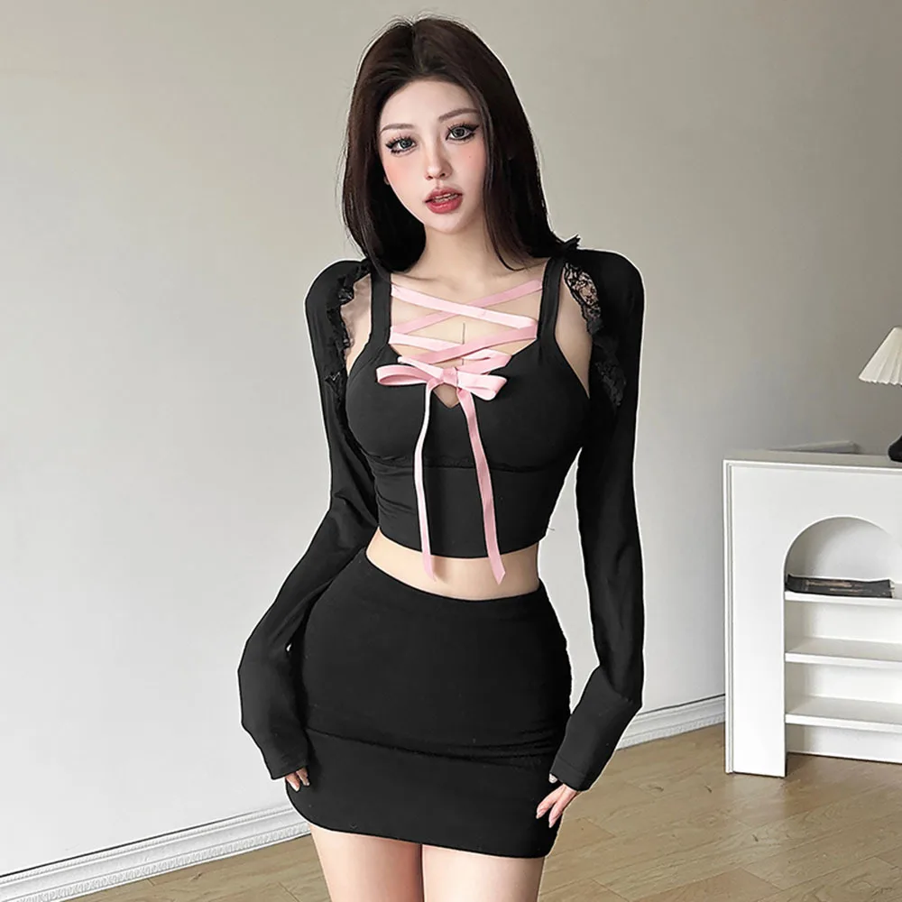 

Sexy Lace-up Camisole Sweet Women T Shirt 2024 Autumn Long Sleeve Slim Female Tees Y2K Aesthetic High Street Casual Blouse Capes