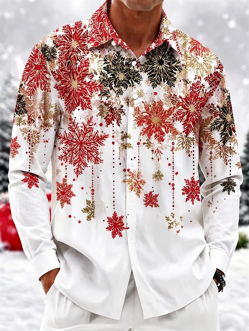 New men's Christmas snowflake print long sleeved shirt in red, black, gold, artistic snowflake collar casual shirt