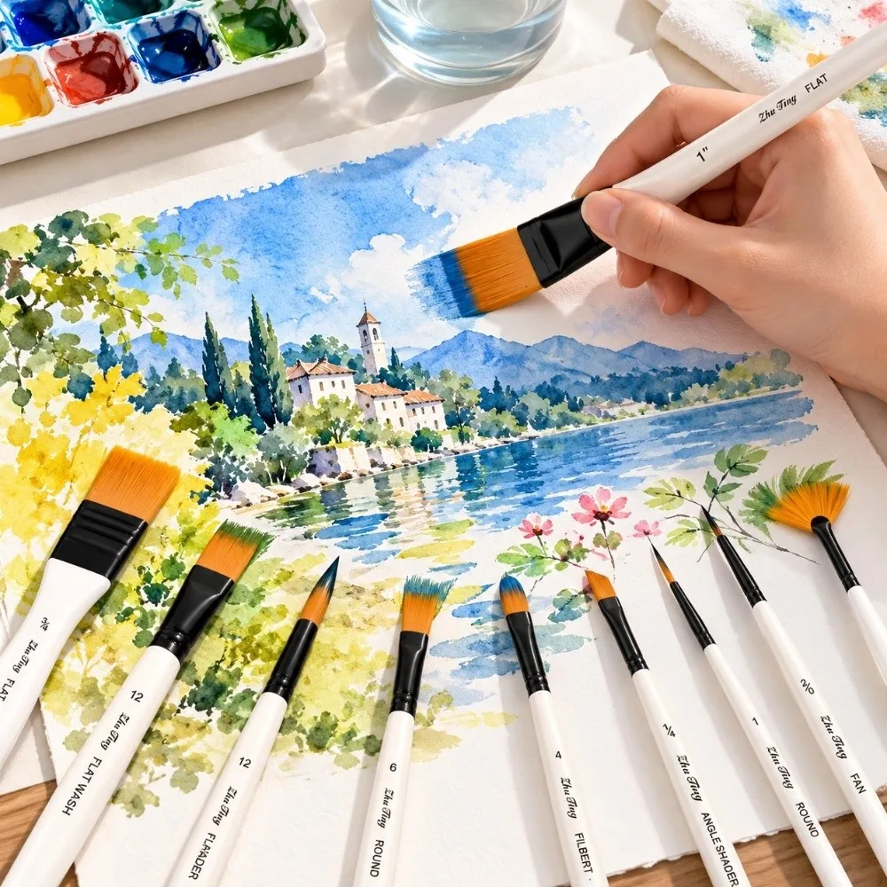 10Pcs Nylon Hair Paint Brush Set Practical Lightweight Paint Brushes All Purpose Carry Bag Watercolor Paint Brushes Oil Painting