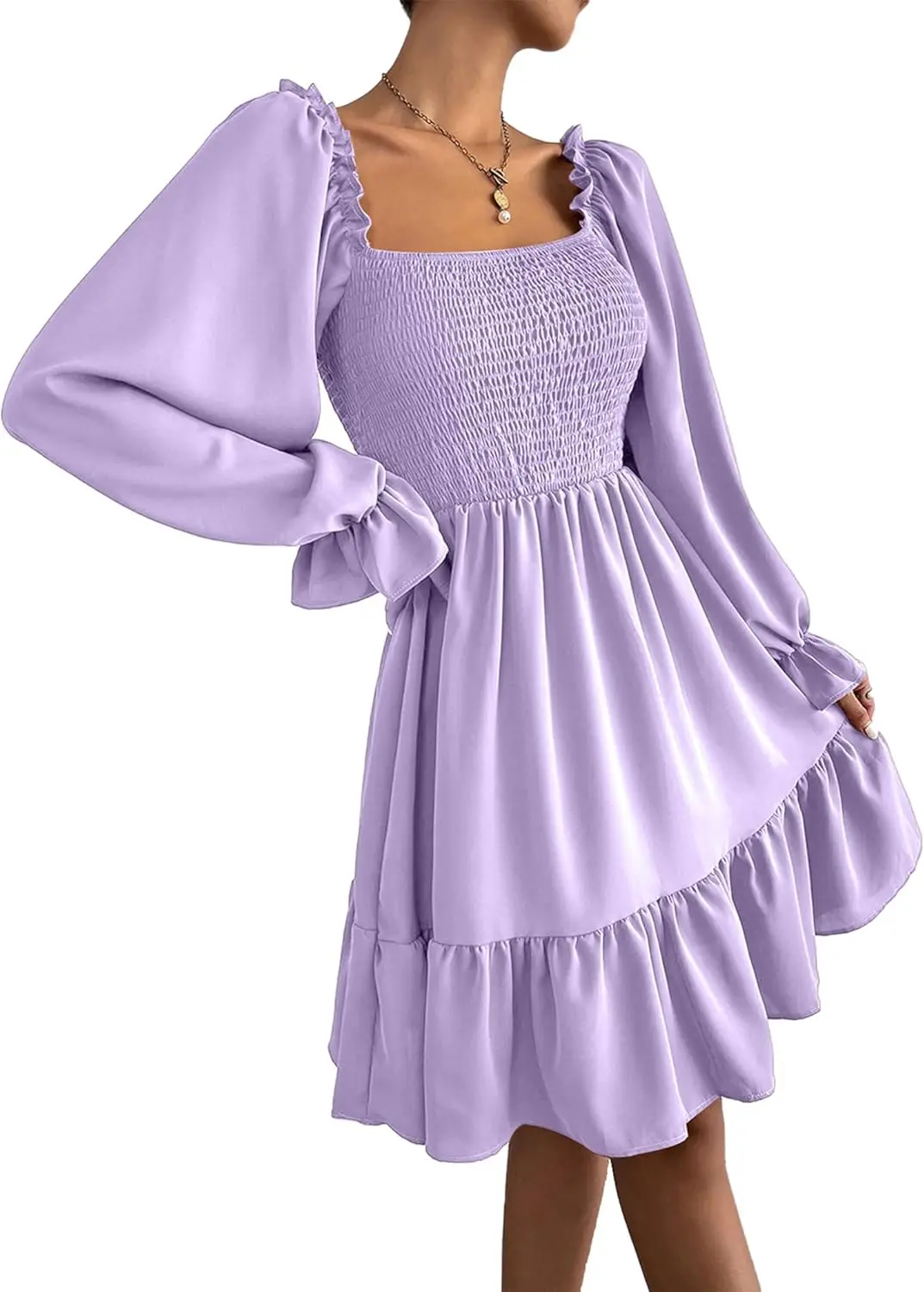 Abito da donna con maniche a sbuffo e collo quadrato, mini abito babydoll casual con linea svasata e orlo arricciato