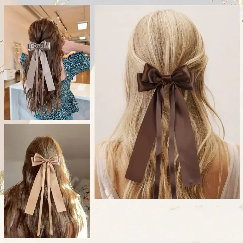 Fermagli per capelli con doppio fiocco in nastro di colore solido coreano per le donne ragazze Trendy Big Bow Long nappa Silver Barrettes Pin