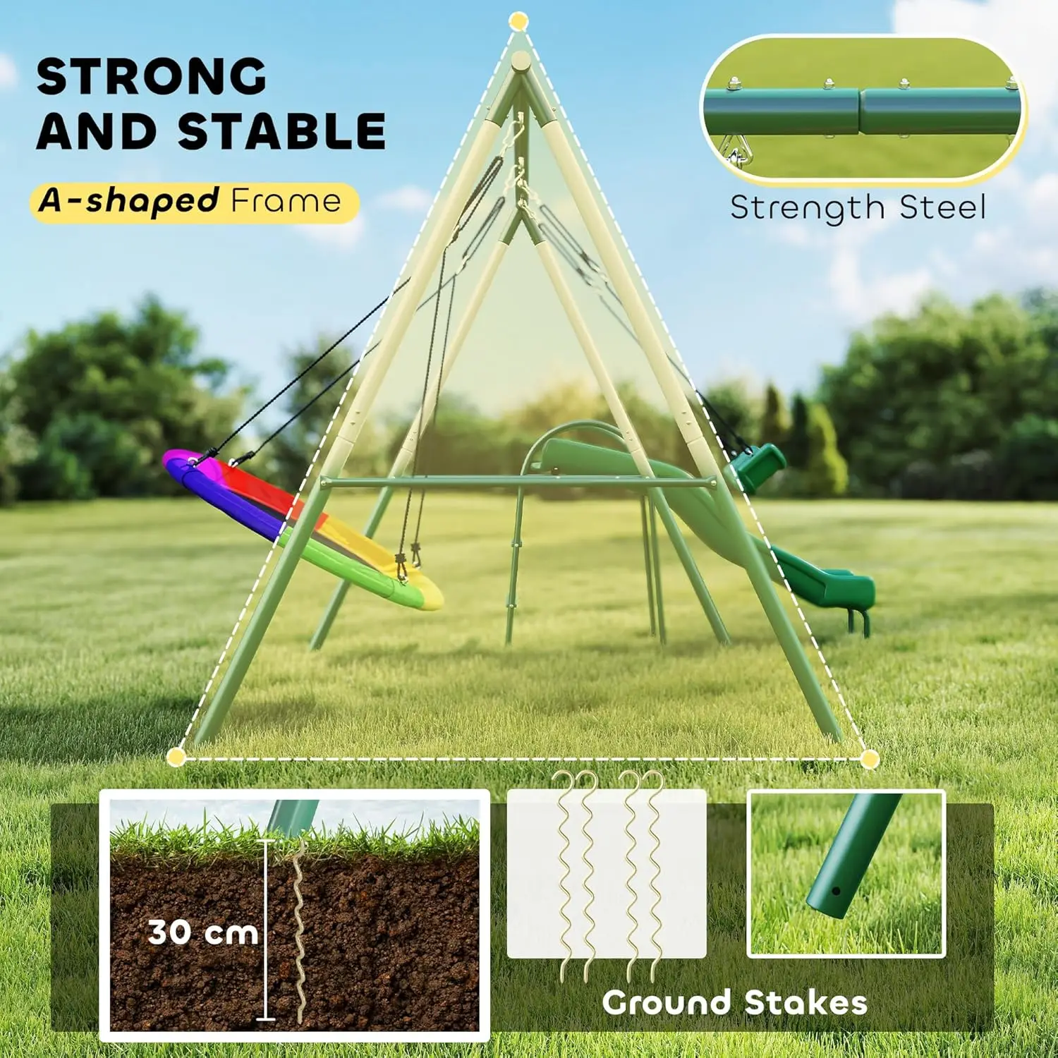 Swing Set for Backyard with Adjustable Seat and Saucer Swing, 5' Slide, Heavy Duty A-Frame Metal Stand Outdoor Playground Playse