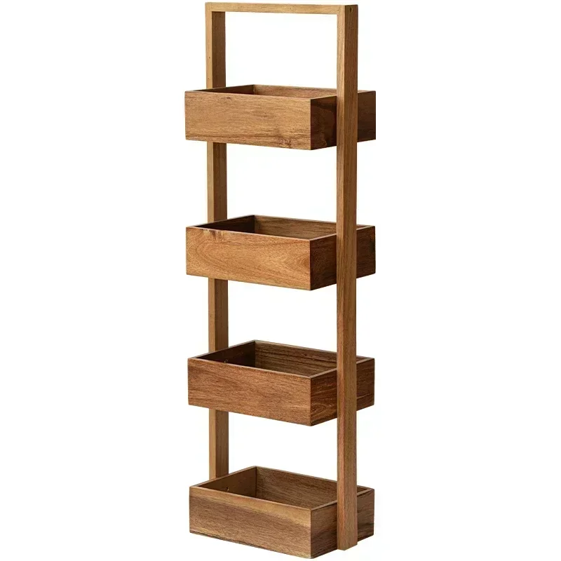 Wood 4 Tier Towel Rack Shelf Wooden Multi-storey Kitchen Bathroom Storage Shelf Snacks Fruit Vegetable Storage Basket