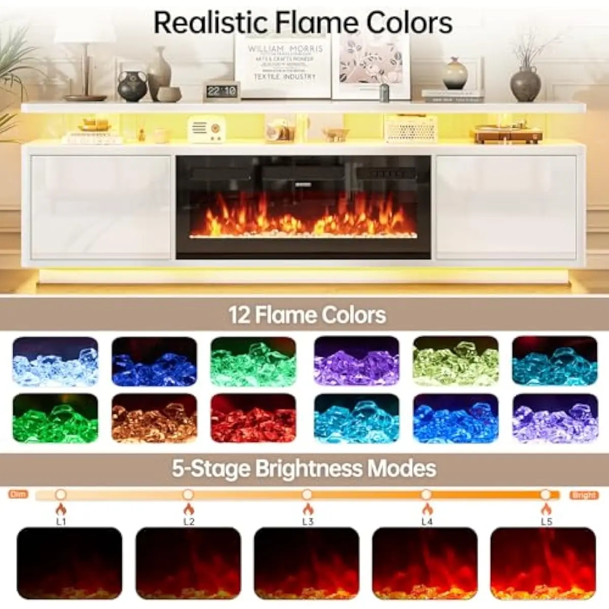 70 inch freestanding modern TV console with 36 inch adjustable electric fireplace, dual LED lighting system, wood grain engineer