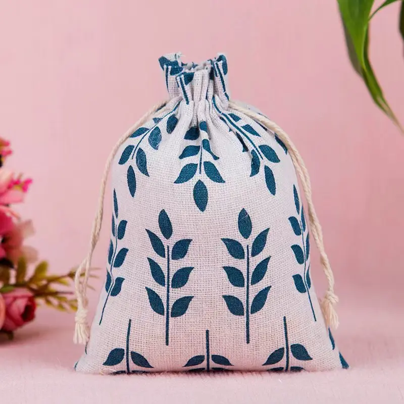100pcs/lot 10*14 13*18 15*20cm Drawstring Cotton Linen Fabric Bags Cute Plant Print Pouches Cosmetic Jewelry Gift Packaging Bag