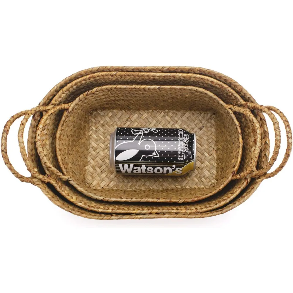 Seegras-Gewebekörbe zur Aufbewahrung, natürlicher Regalmorb mit Griff für Organizer, stapelbar, oval, 3er-Set (groß + mittel + klein)