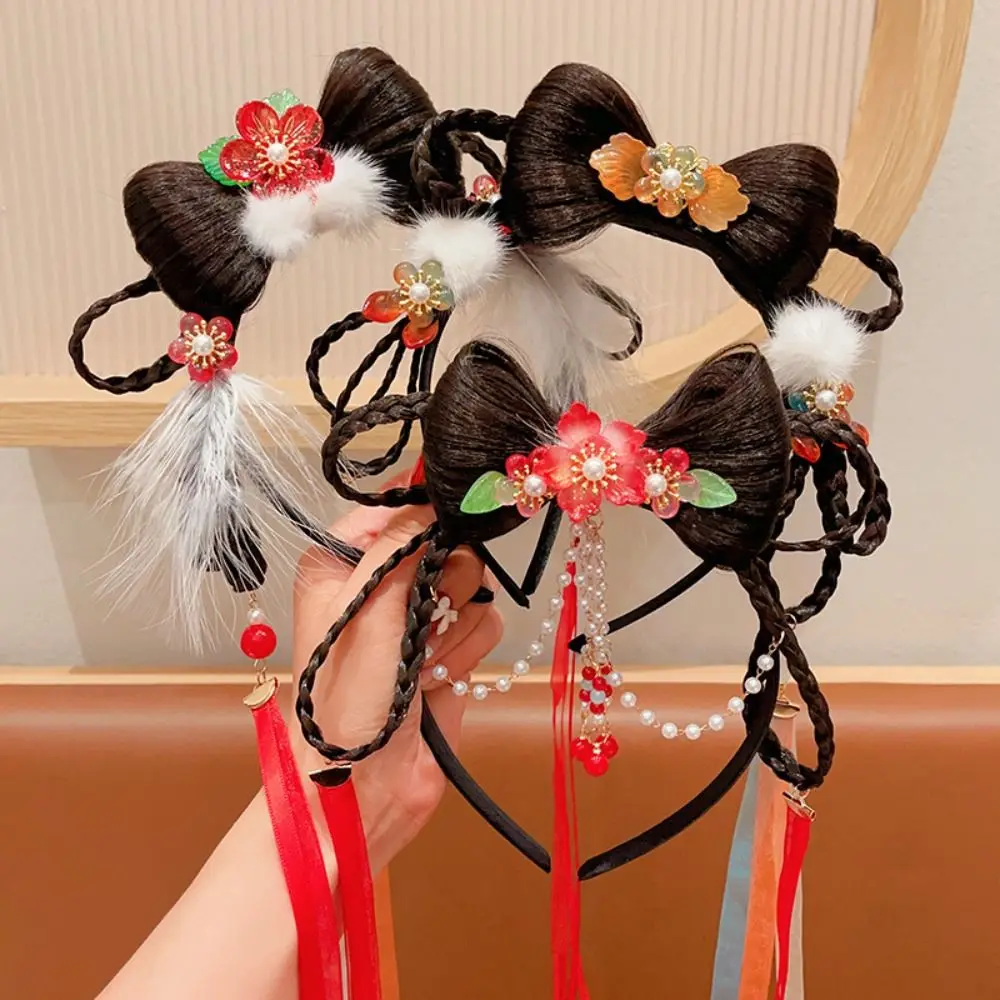 Flower Children Wig Headband Braid Hair Tang Suit Hair Hoop Chinese New Year Headwear Tassel Ancient Style Red Bow Hairband