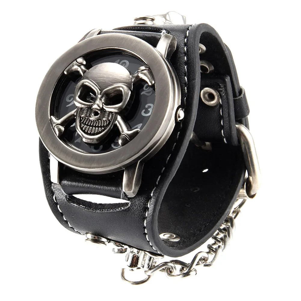 fashion Skull Quartz Watch punk Style Flip Skull Cover belt Chain  transparent glass mirror rist Watch suitable for men gift