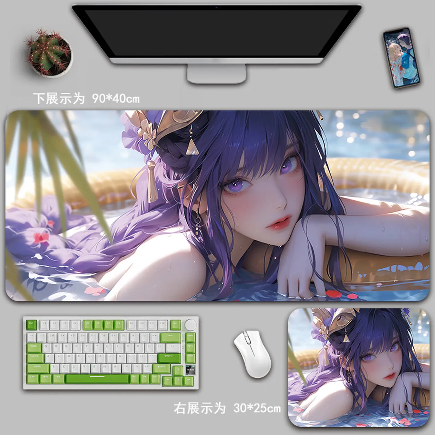 XXL Pink-haired Fox-ear Shrine Maiden Anime Gaming Mouse Pad Thick Non-Slip Rubber Stitched Oversized Desk Mat for PC