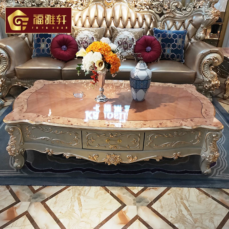 

1.8 meters European coffee table, villa champagne gold sticker gold foil art tea table neoclassical American high-end with drawe