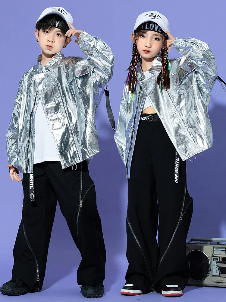 

Kids Street Dance Boys Hip Hop Cool Shiny Leather Jacket Drum Set Girls Stage Walking Performance Costume girls clothes