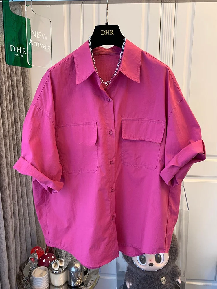 

plus Size Women's Casual Shirt Thin Loose Summer Short Sleeve Neck Regular Fit Dragon Fruit Color Big Size 300 Pounds