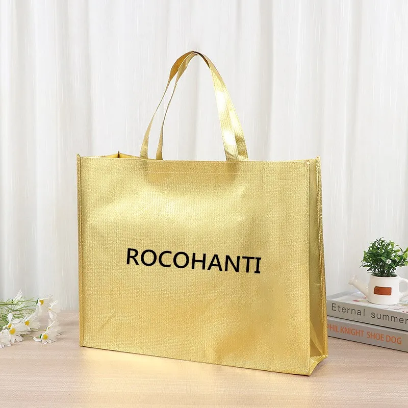 50x Metallic Gold Foils Laminated recycled Non Woven Fabric Tote Shopping Bag Reusable white holographic gift bag non-woven bag