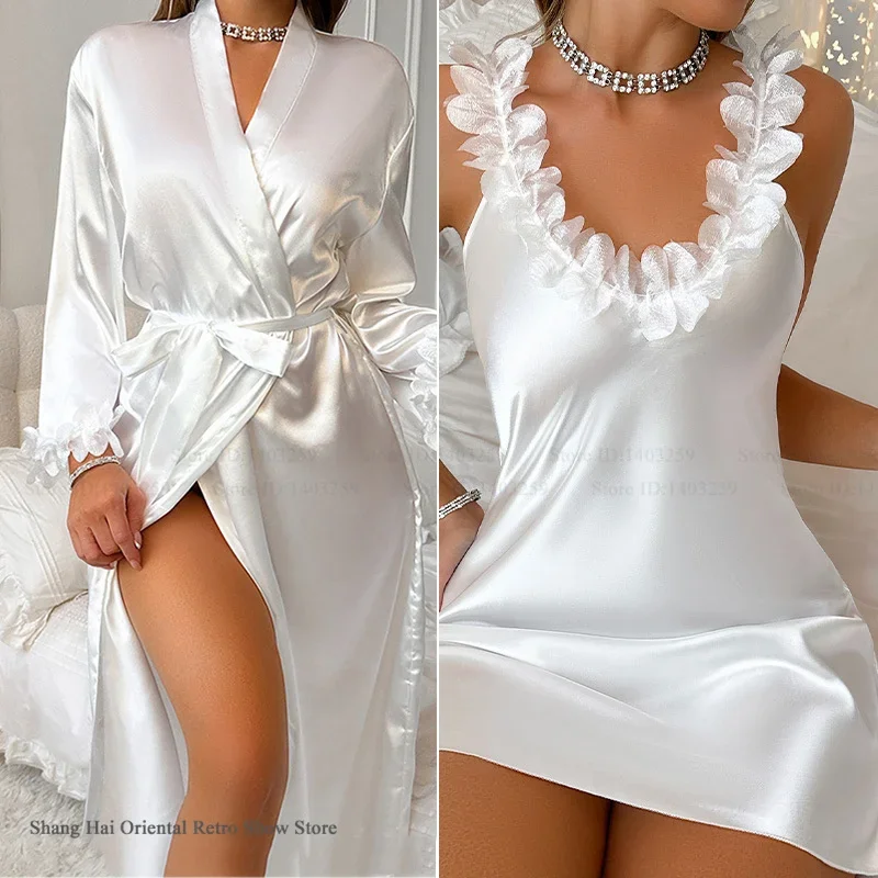 new Female 2PCS Robe Set Nightgown Sexy Lace Long Kimono Bathrobe Gown Silk Satin Loungewear Summer Sleepwear Lingerie Homewear