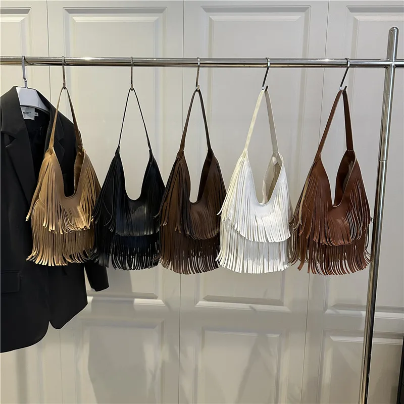 

Women Trendy Tassel Shoulder Bag Solid Color Casual Leather Tassel Handbag Vesatile Tote Handbag Travel Party Date Shoulder Bag