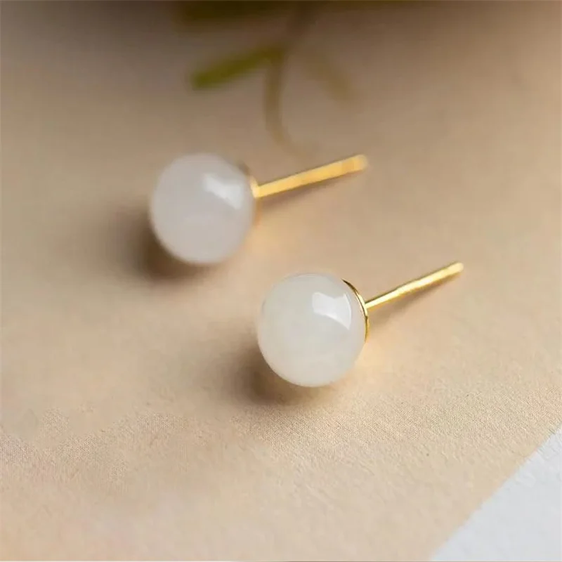 Senlissi- Retro Palace 6–12 mm natürliche Hotan-Jade-Ohrringe, 925er Sterlingsilber, Ohrstecker, 18 Karat Ohrringe für Damen, Schmuck, Geschenke – Detail 2