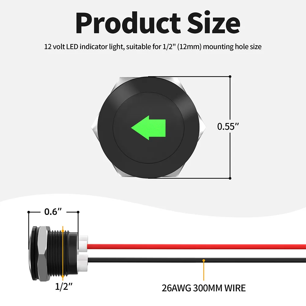 2Pcs Car Accessories 12mm Metal Turn Signal Indicator Light 12V Green Single Arrow Symbols Waterproof LED Dash Signal Lamp