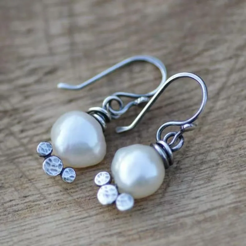 

Huajie Vintage Irregular Imitation Pearl Pendant Earrings for Women Ancient Silver Color Elegant New Ear Jewelry Fashion Trend