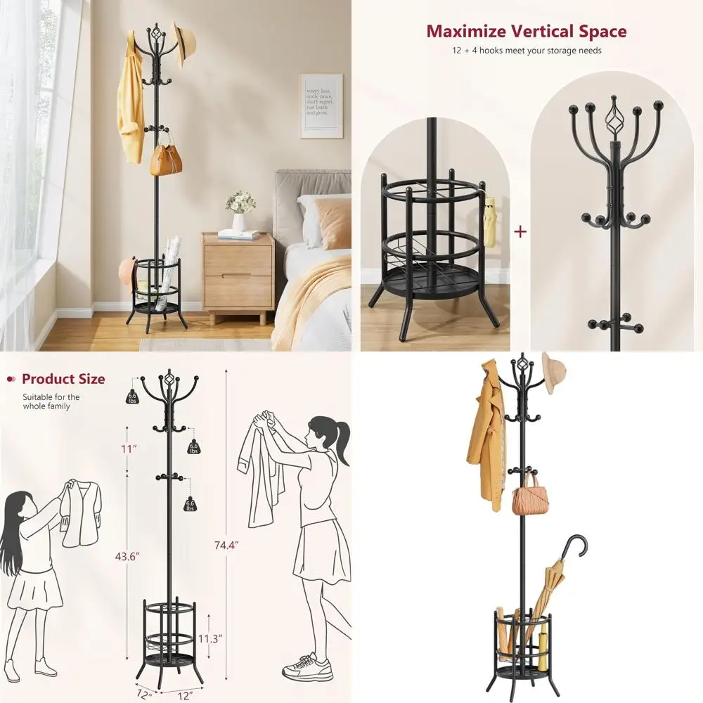 

Напольная вешалка для одежды с держателем для зонтов, 16 крючков, для дома и офиса, черная
