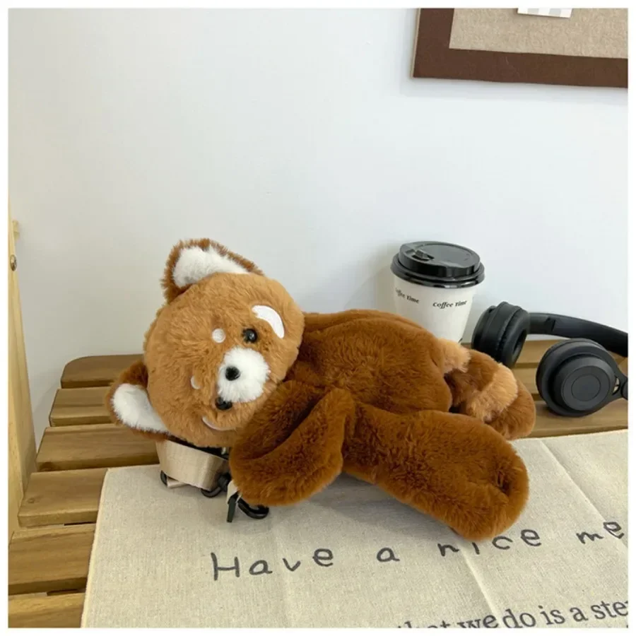 Roter Panda-Plüsch-Rucksack, süße Plüschpuppe, Damen-Umhängetasche, Fell, weiche Umhängetasche für Camping, Reisen, Party, weibliches Geburtstagsgeschenk – Detail 5