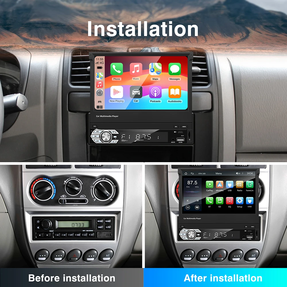 Universal 7 Inch Flip Out Car Stereo 1 Din Car Radio Wireless Carplay Android Auto WIFI GPS Navigation Retractable HD Screen