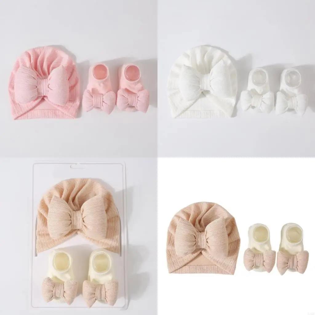 54DF 짧은 튜브 양말이있는 세련된 터번 모자 세트 신생아를위한 니트 양말 선물 세트가있는 여름 얇은 인도 모자