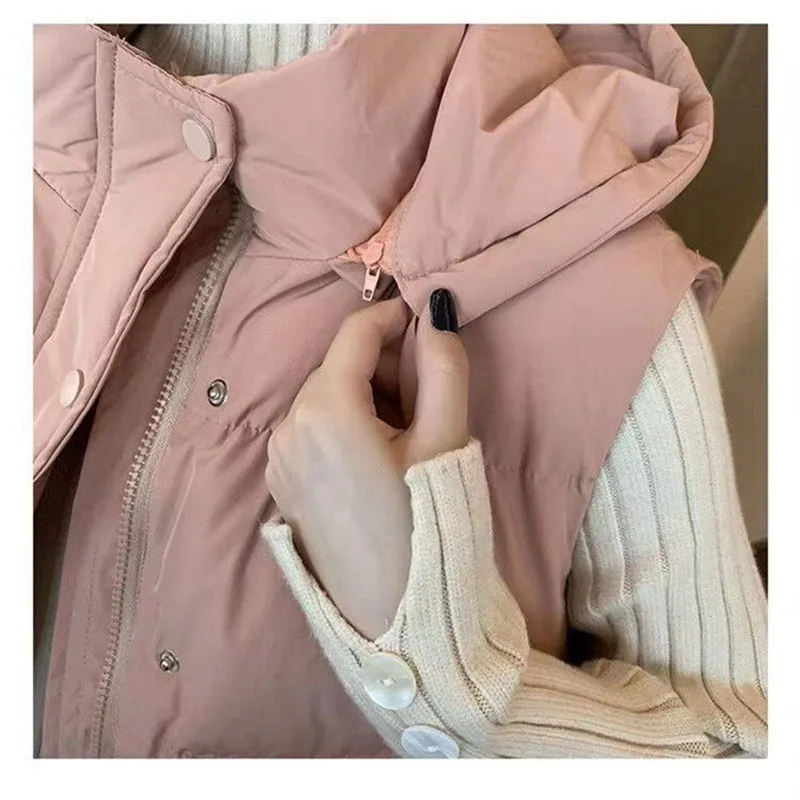 2024 New Mid-length Down Cotton Women\'s Vest Coat Autumn Winter Solid Color Hooded Casual Zipper Waistcoat Ladies Vest Jacket