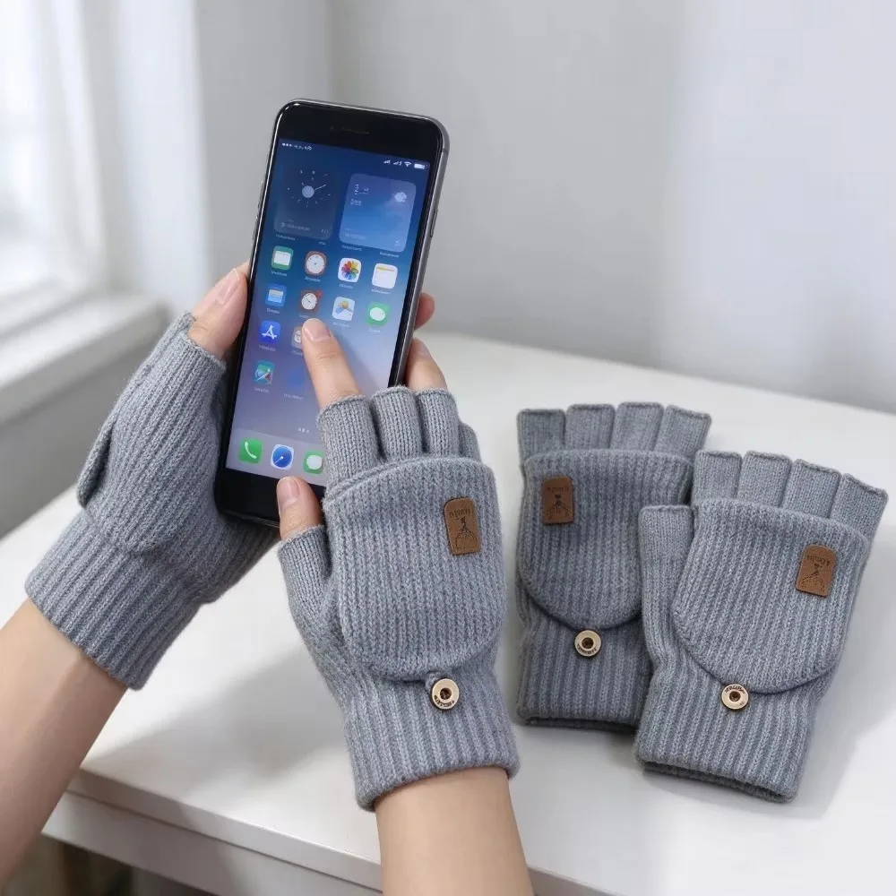 Warm Autumn Winter Knitted Wool Half Finger Flip Gloves Fingerless Gloves for Student Writing