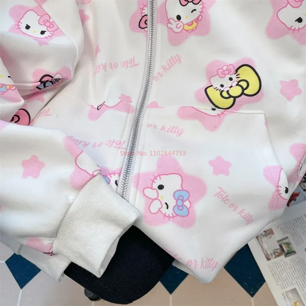 2024 Sanrio Hello Kitty Hooded Cardigan Jacket Kawaii Girl Autumn Vintage Coat Comfortable Cute Cartoon Women Hoodies Gifts