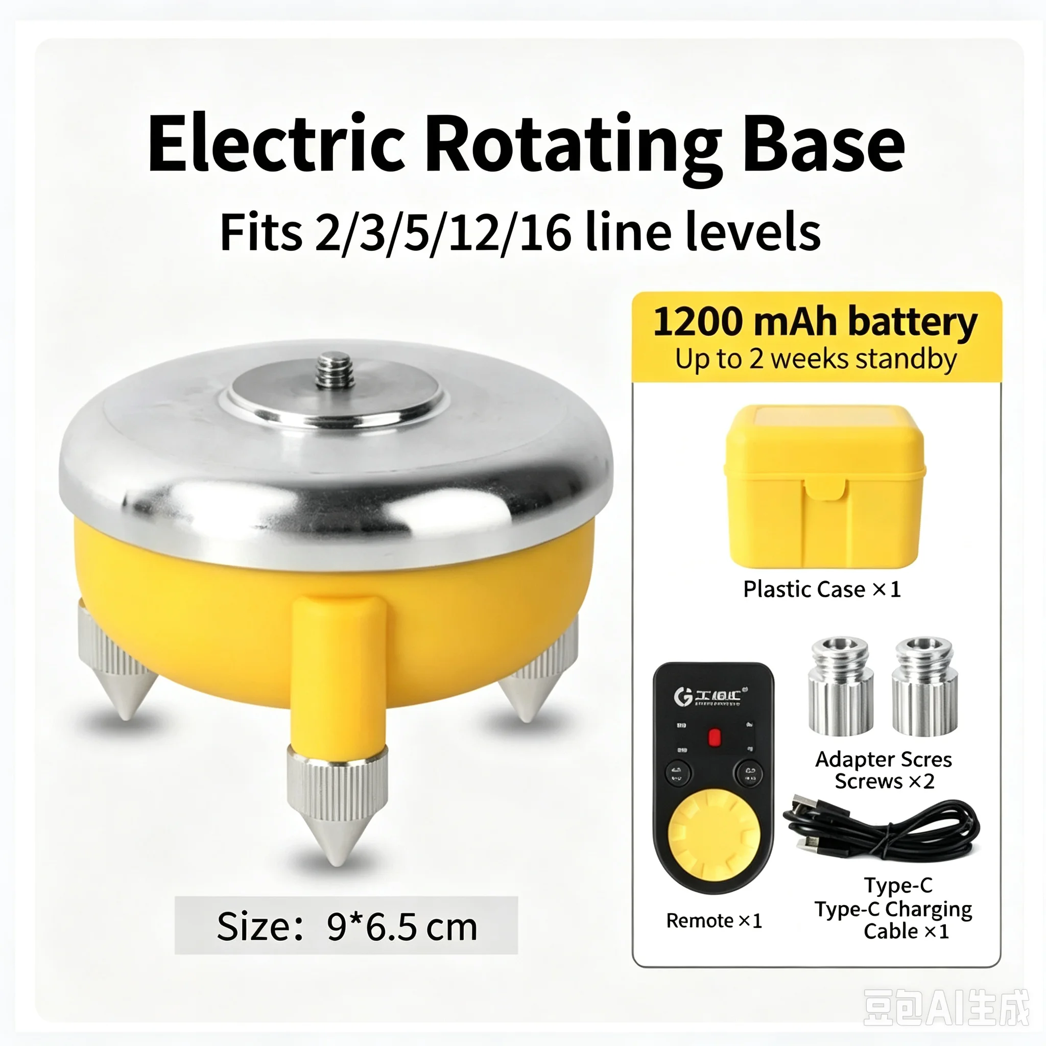Base Giratoria Eléctrica con Mando a Distancia, Rosca 1/4 y 5/8, Batería Integrada 1200mAh para Cámara y Nivel Láser