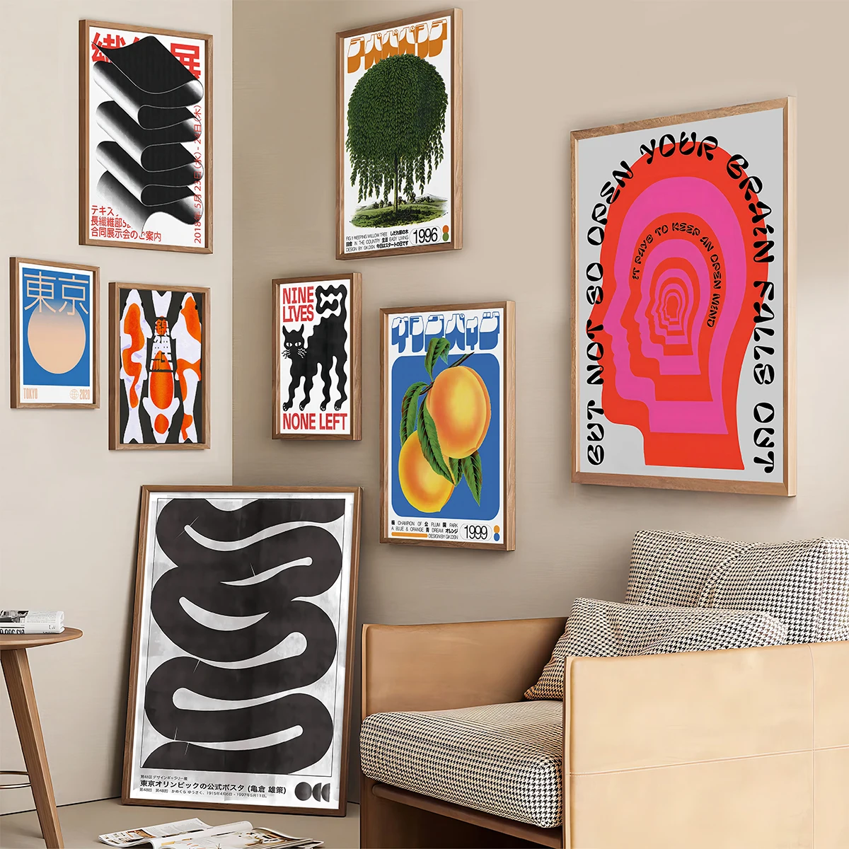 

Винтажный японский абстрактный настенный художественный принт, постер с черными волнами, кошка, кои, холст, картина для гостиной, домашний декор, постер без рамы